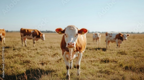 Brown and white cows standing in a sunlit rural pasture, with one cow in focus looking at the camera. Agricultural and farming concept photo