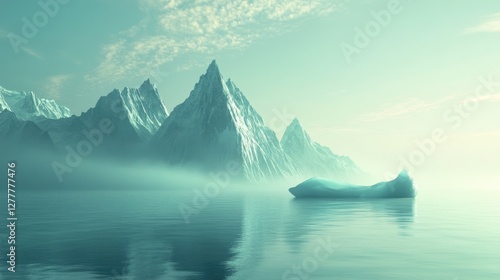 Wallpaper Mural A lone iceberg drifting near the Arctic coastline, with jagged ice formations rising above the cold sea. The tranquil water and misty horizon create a sense of isolation and untouched beauty. Torontodigital.ca