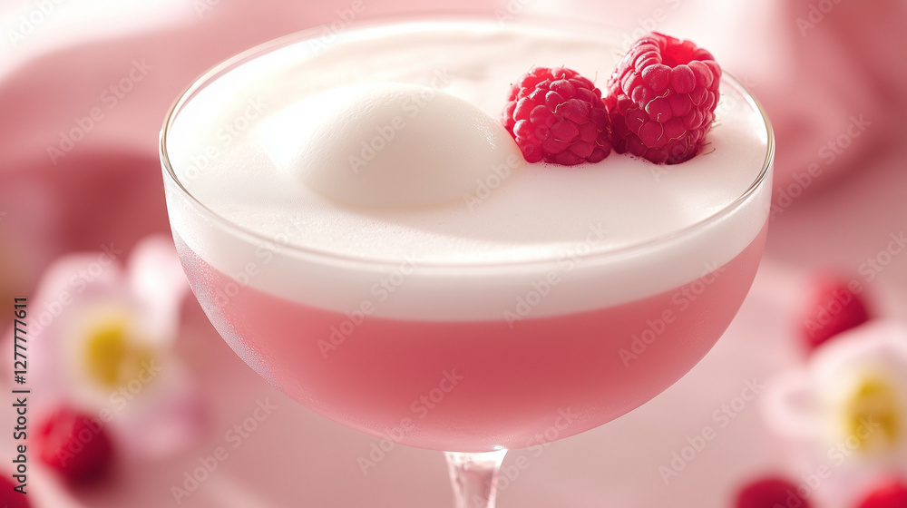 Refreshing Clover Club cocktail with raspberry garnish and soft pink hues Refreshing Clover Club cocktail with raspberry garnish and soft pink hues