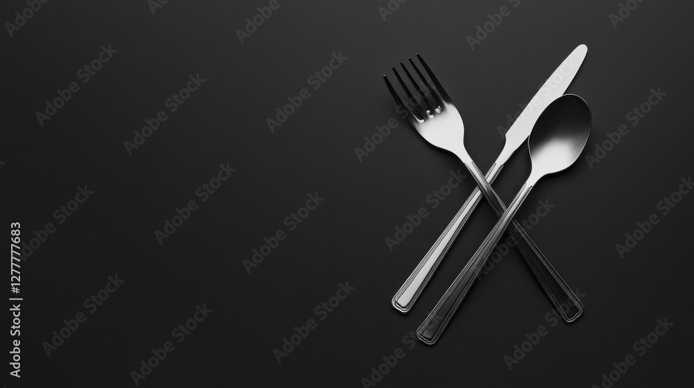 A modern and minimalist composition featuring a high-quality silver fork and spoon crossed over each other on a matte black background, emphasizing their sleek design. A modern and minimalist composition featuring a high-quality silver fork and spoon crossed over each other on a matte black background, emphasizing their sleek design.