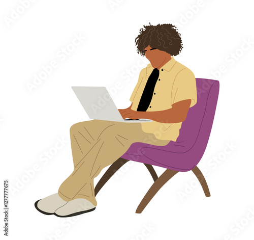 Young man sitting on chair, working at laptop. African american guy wearing smart casual outfit with computer. Freelancer, entrepreneur working remotely from home. Vector illustration isolated.