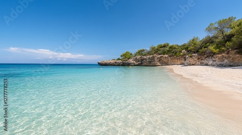 Scenic view of a tropical beach with clear turquoise water  white sand  and rocky cliffs covered in green vegetation under a bright blue sky