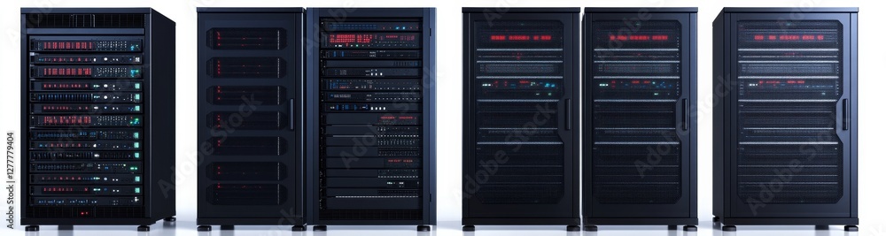 Data center server racks, digital displays, white background, network infrastructure Data center server racks, digital displays, white background, network infrastructure