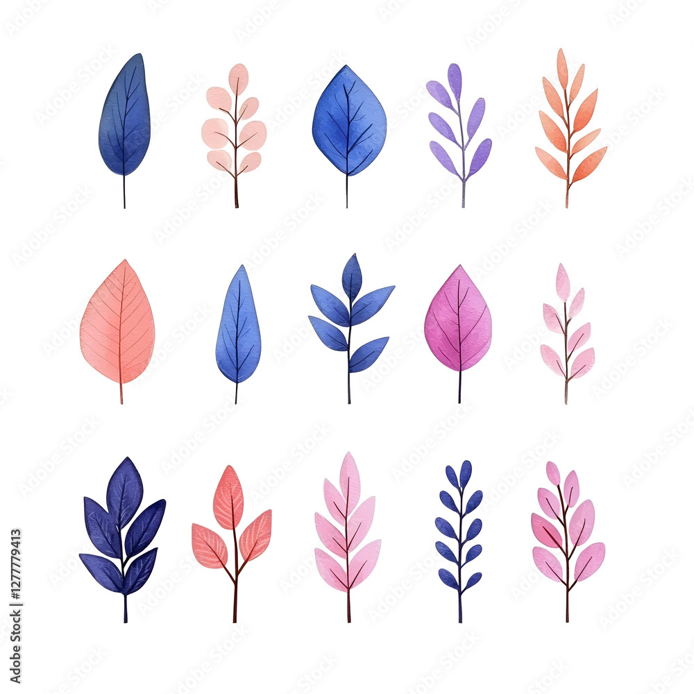 Fototapeta premium Colorful Floral Elements and Leaves in Various Shapes and Sizes