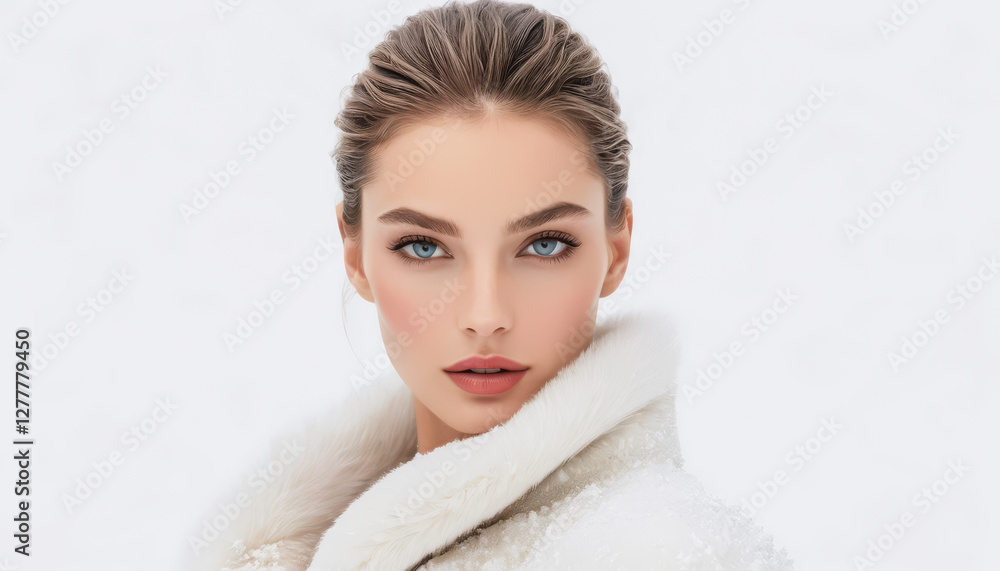 Portrait of elegant woman with blue eyes wearing white fur coat against neutral background Portrait of elegant woman with blue eyes wearing white fur coat against neutral background
