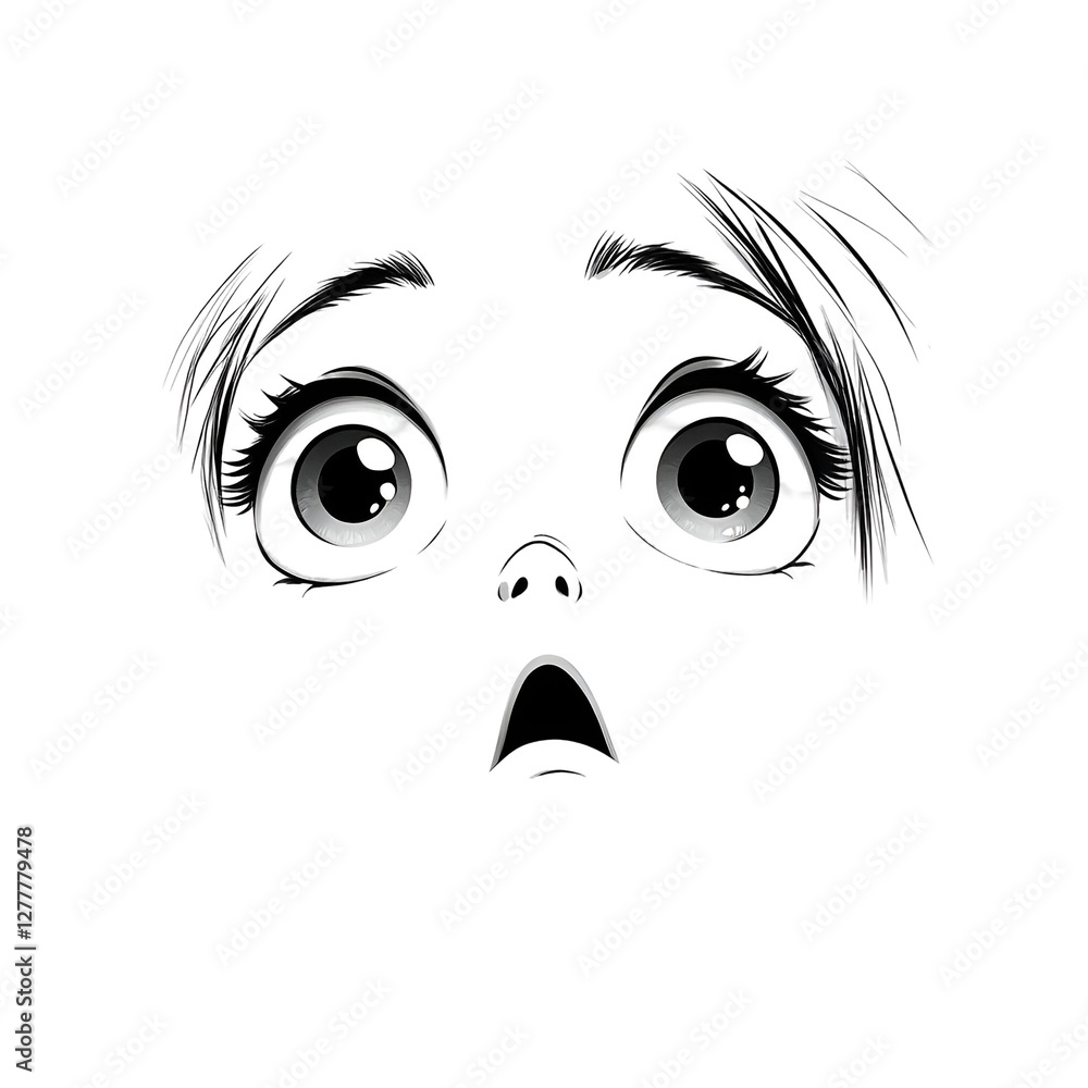 Fototapeta premium Surprised cartoon face with wide-open eyes and raised eyebrows
