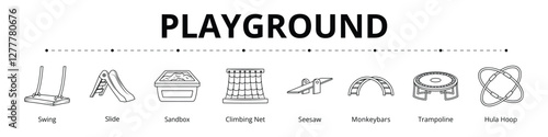 Playground Line Banner Web Icon Set Vector Illustration, Swing Slide Sandbox Climbing Net Seesaw Monkey bars Trampoline Hula Hoop 
