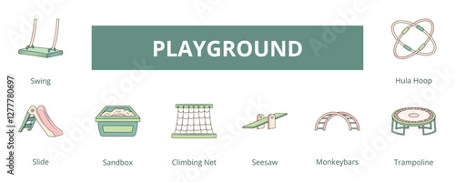 Playground Lineal Color Banner Web Icon Set Vector Illustration, Swing Slide Sandbox Climbing Net Seesaw Monkey bars Trampoline Hula Hoop 