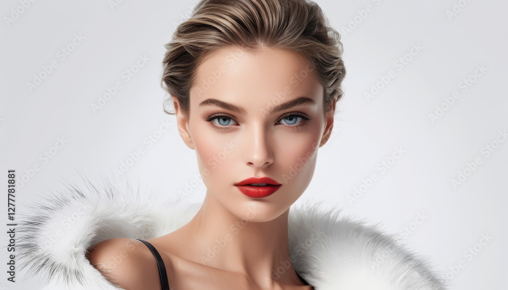 Elegant woman with red lips wearing white fur coat against neutral background, stylish beauty portrait with soft lighting and glamorous look Elegant woman with red lips wearing white fur coat against neutral background, stylish beauty portrait with soft lighting and glamorous look