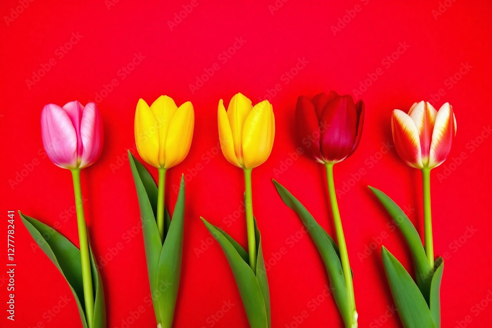 Red background five different colored tulips long stems green leaves Red background five different colored tulips long stems green leaves
