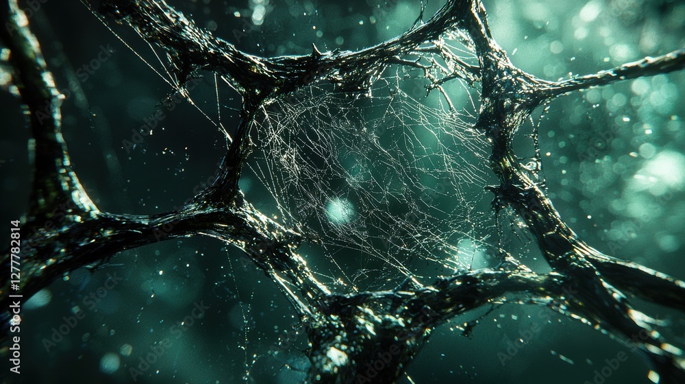 Abstract web of interconnected branches with a green glow Abstract web of interconnected branches with a green glow