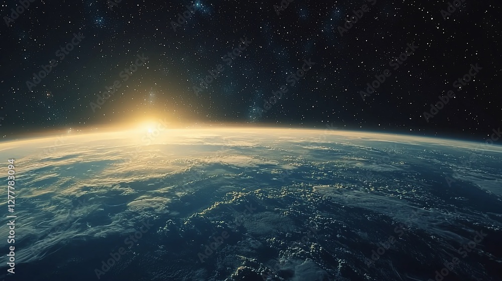 Sunrise over Earth from space, showing clouds and atmosphere. Sunrise over Earth from space, showing clouds and atmosphere.