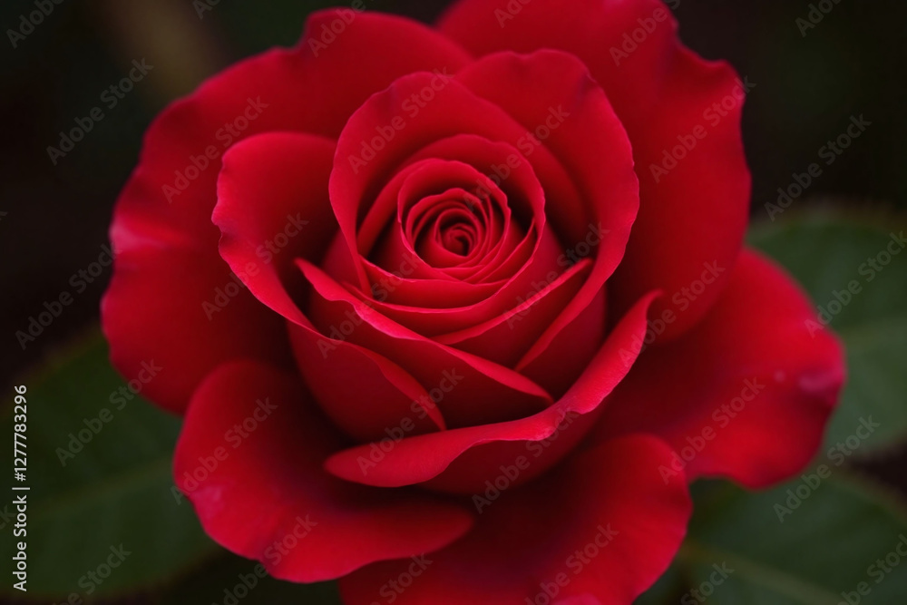 Single red rose full bloom green leaves blurred background romantic Single red rose full bloom green leaves blurred background romantic