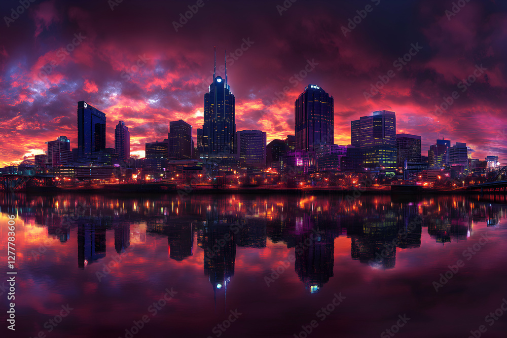 Fototapeta premium Stunning Nashville skyline at sunset, reflected in calm waters; vibrant pink and purple clouds.