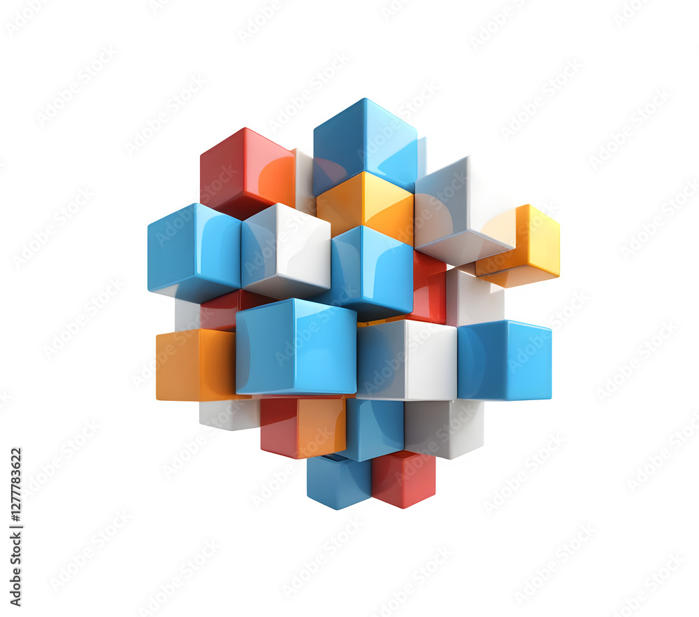 3D graphic showing a cube being put together from individual blocks. It's set against a white background, perfect for your design needs. 3D graphic showing a cube being put together from individual blocks. It's set against a white background, perfect for your design needs.