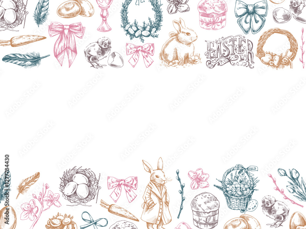 Easter festive border with rabbit, chick, eggs, bow, willow, wreath, feathers, and decorations Easter festive border with rabbit, chick, eggs, bow, willow, wreath, feathers, and decorations