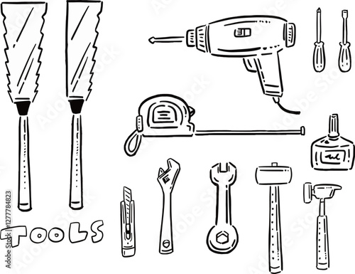 いろいろな工具や道具の線画　イラストセット