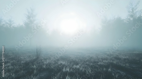 Serene misty morning in a forest clearing, sun peeking through fog, tranquil landscape, peaceful atmosphere, grass field.