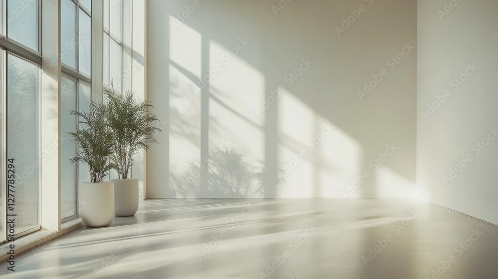 Fototapeta premium A beautifully designed minimalist home interior with natural light streaming through large windows