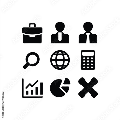  Set of nine black and white business and professional icons, including business people, briefcase, growth chart, magnifying glass, clock, globe, calculator, and other symbols representing work