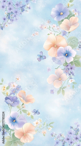 A blue and white floral print with a blue sky background