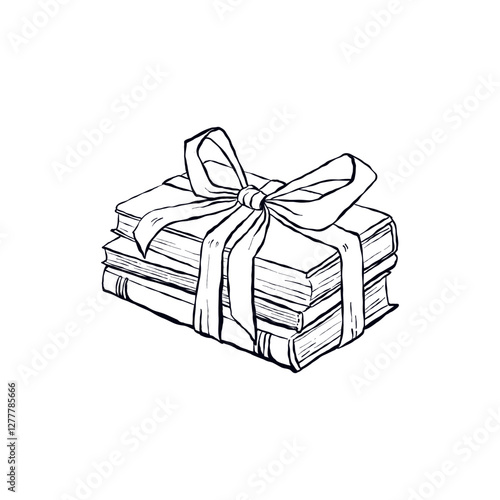 Stack of books wrapped with a ribbon tied into a large bow, clipart coquette aesthetic for coloring page. Doodle vector illustration in vintage style isolated on white background