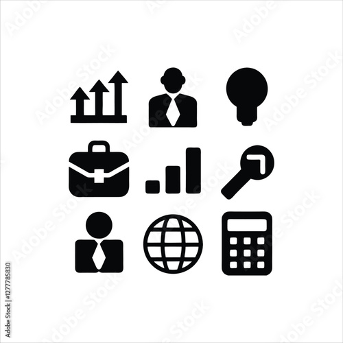  Set of nine black and white business and professional icons, including business people, briefcase, growth chart, magnifying glass, clock, globe, calculator, and other symbols representing work
