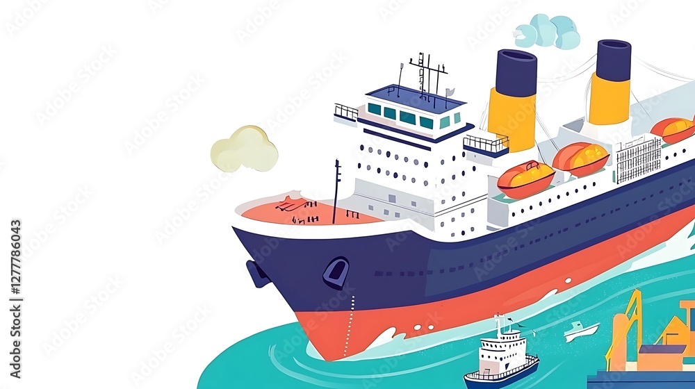 Large Cargo Ship Sailing on the Ocean with Smaller Boats and Industrial Crane Large Cargo Ship Sailing on the Ocean with Smaller Boats and Industrial Crane