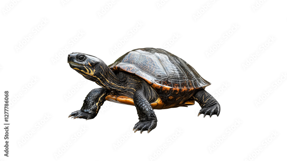 Turtle moving across a white surface in detail Turtle moving across a white surface in detail