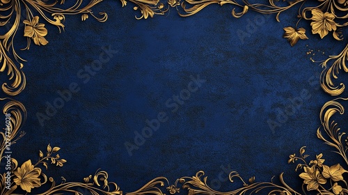 Royal blue texture with golden floral patterns, creating an elegant, luxurious background. Perfect for invitations, certificates, or upscale decor designs.