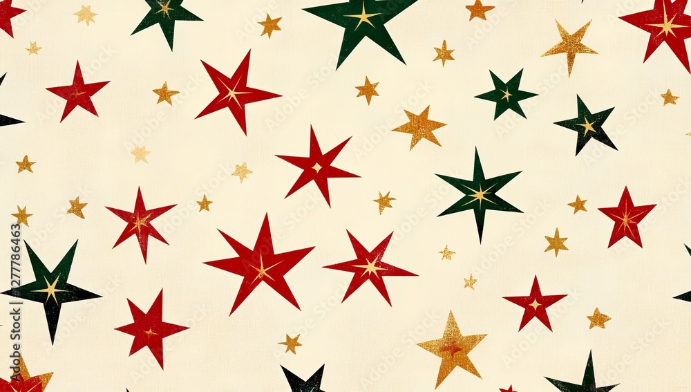 Festive red, gold, green stars pattern on cream background; holiday wrapping paper design Festive red, gold, green stars pattern on cream background; holiday wrapping paper design