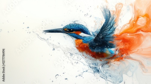 Kingfisher diving, water splash, abstract art, nature background, website banner
