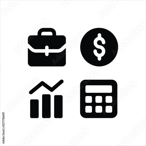  Set of nine black and white business and professional icons, including business people, briefcase, growth chart, magnifying glass, clock, globe, calculator, and other symbols representing work