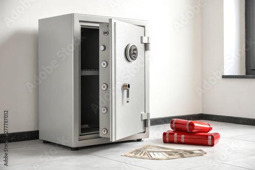 Fireproof Safe Displaying Empty Shelves with Cash and Documents
