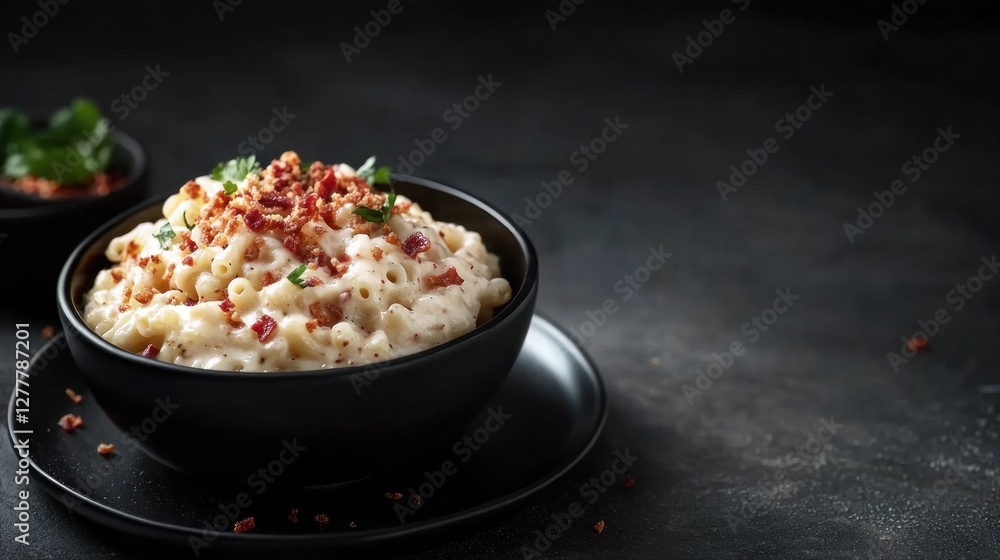 Creamy Bacon Mac & Cheese in Black Bowl Creamy Bacon Mac & Cheese in Black Bowl