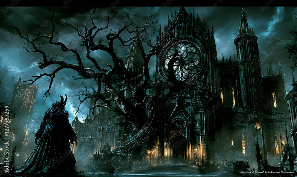 Dark fantasy gothic cathedral, ominous figure, dead tree, night scene, mysterious atmosphere. Dark fantasy gothic cathedral, ominous figure, dead tree, night scene, mysterious atmosphere.