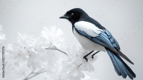 Magpie perched on cherry blossom branch, spring, serene background, nature photography