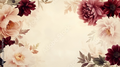A sophisticated floral frame featuring burgundy and blush peonies with soft foliage on a warm beige background. Perfect for wedding invitations, stationery, and romantic designs.