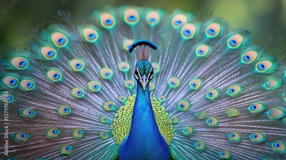 Obraz premium Majestic peacock displays its plumage in a lush garden