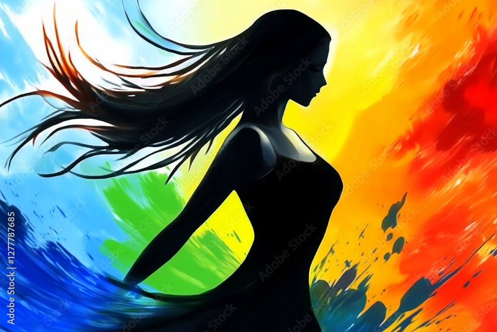 custom made wallpaper toronto digitalSilhouette of a Woman with Flowing Hair in Abstract Colorful Art