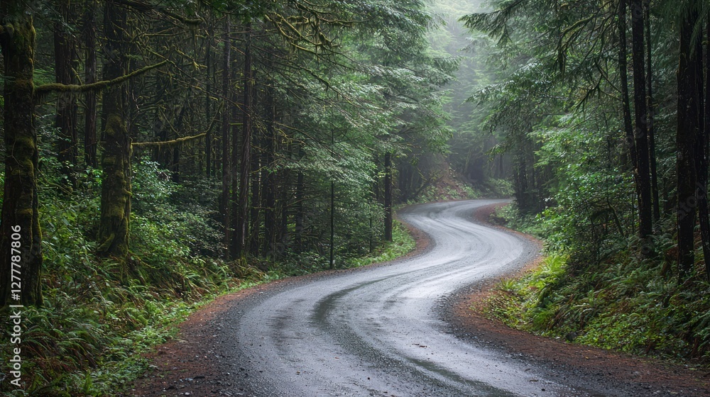 Fototapeta premium An oblique perspective of a winding road through a dense forest.