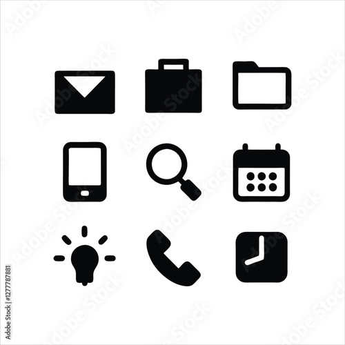  Set of nine black and white business and office-related icons, including an envelope, briefcase, folder, smartphone, magnifying glass, calendar, lightbulb, telephone, and clock, symbolizing work
