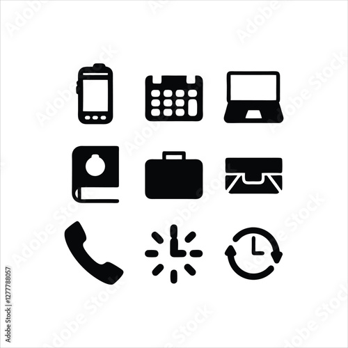  Set of nine black and white business and office-related icons, including an envelope, briefcase, folder, smartphone, magnifying glass, calendar, lightbulb, telephone, and clock, symbolizing work
