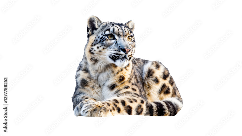 Snow leopard relaxed on white backdrop Snow leopard relaxed on white backdrop