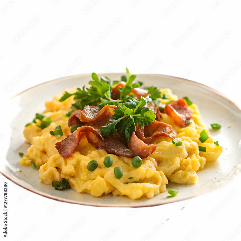 scrambled eggs served with bacon and green on whit scrambled eggs served with bacon and green on whit