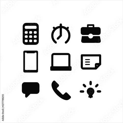  Set of nine black and white business and office-related icons, including an envelope, briefcase, folder, smartphone, magnifying glass, calendar, lightbulb, telephone, and clock, symbolizing work