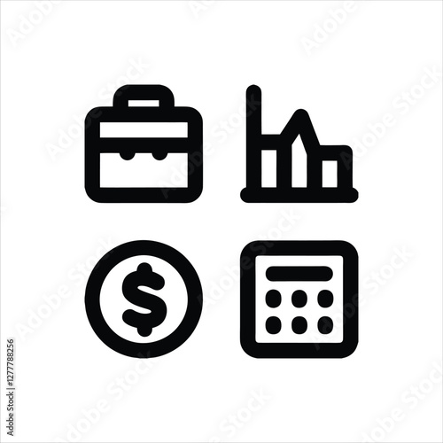  Set of nine black and white business and professional icons, including business people, briefcase, growth chart, magnifying glass, clock, globe, calculator, and other symbols representing work