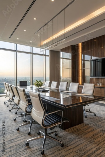Modern Conference Room with Dark Wood Table and Cityscape View