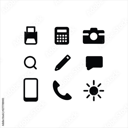  Set of nine black and white business and office-related icons, including an envelope, briefcase, folder, smartphone, magnifying glass, calendar, lightbulb, telephone, and clock, symbolizing work