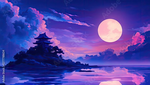 Serene Asian-Inspired Landscape with Full Moon